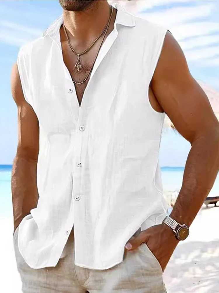 Casual Sleeveless Cotton Linen Shirts Men Vintage Turn-down Collar Buttoned Vest Shirt Summer Mens Fashion Solid Color Vest Tops W250627