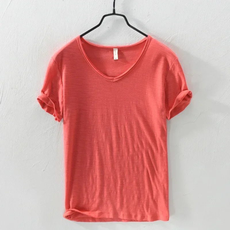 Summer 100% Cotton T-shirt Men V-neck Solid Color Casual T Shirt Basic Tees Plus Size Short Sleeve Tops Y2449 250619