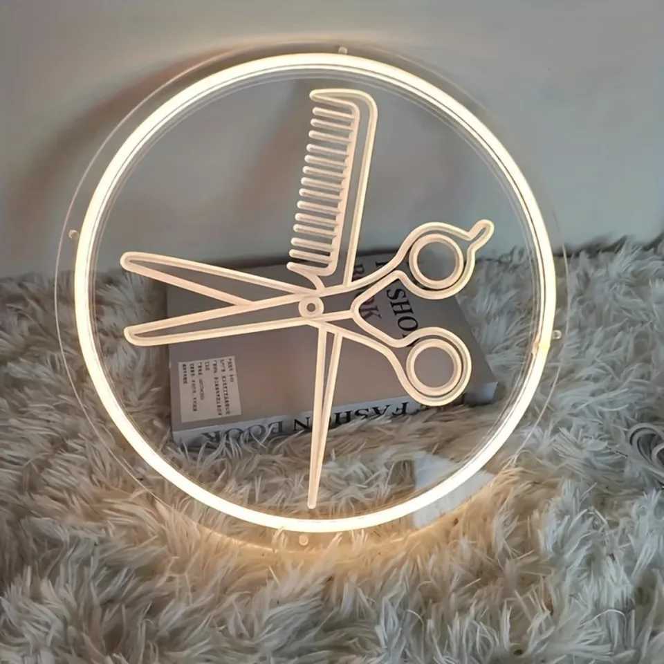 Hair Salon Neon Wall Decorative Sign Hairdresser Bedroom Studio LED Wall Mounted Hairdressing Light USB Powered Comb and Scissor XJ250626