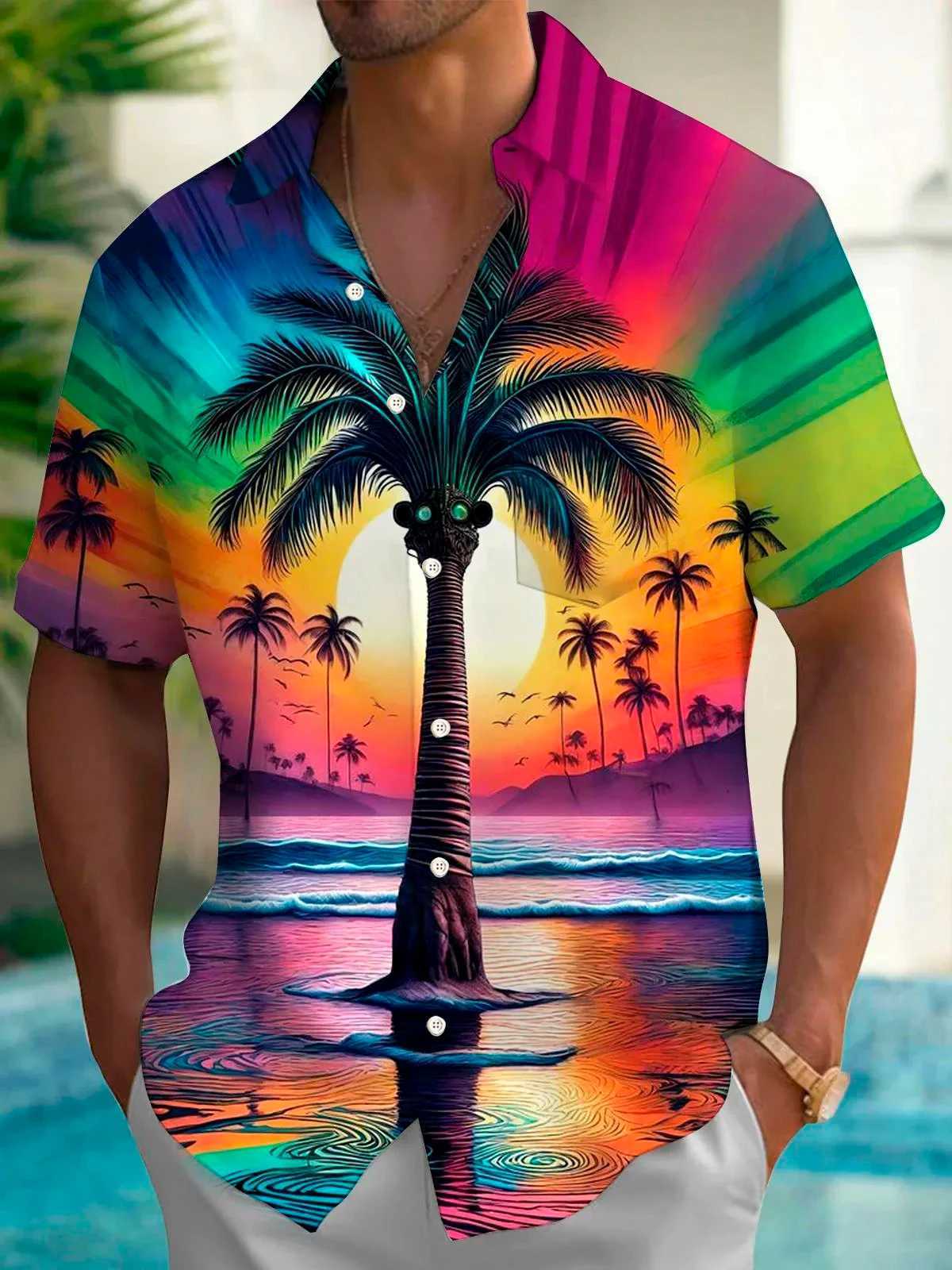 Summer Coconut Tree Palm Tree Surfing Hawaiian Mens Hawaiian Shirt Street Casual Summer Turndown Short Sleeves Polyester Shirts W250627