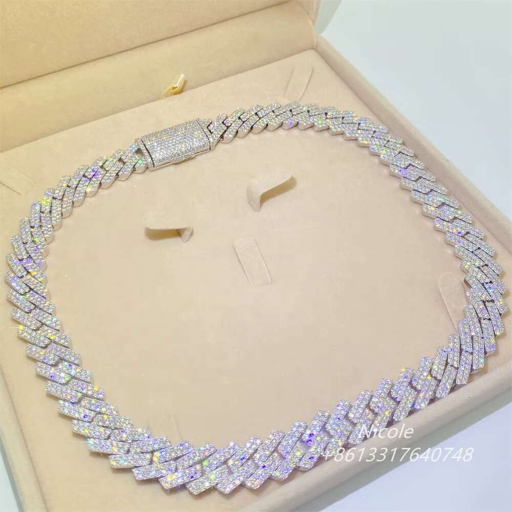 Hip Hop Jewelry 15mm 2 Rows 20 Inches Iced Out Diamond Miami Men 925 Sterling Silver Cuban Link Necklace
