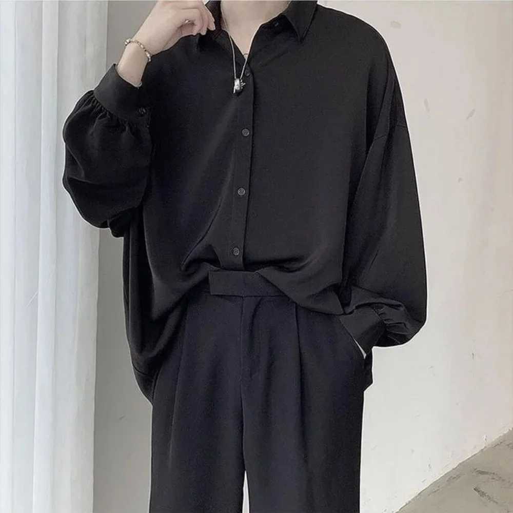 Korean Style Mens Long-sleeved Shirts Black Tie Cozy Casual Solid Oversize Blouses Breathable Loose Shirt Harajuku Male Clothes W250627