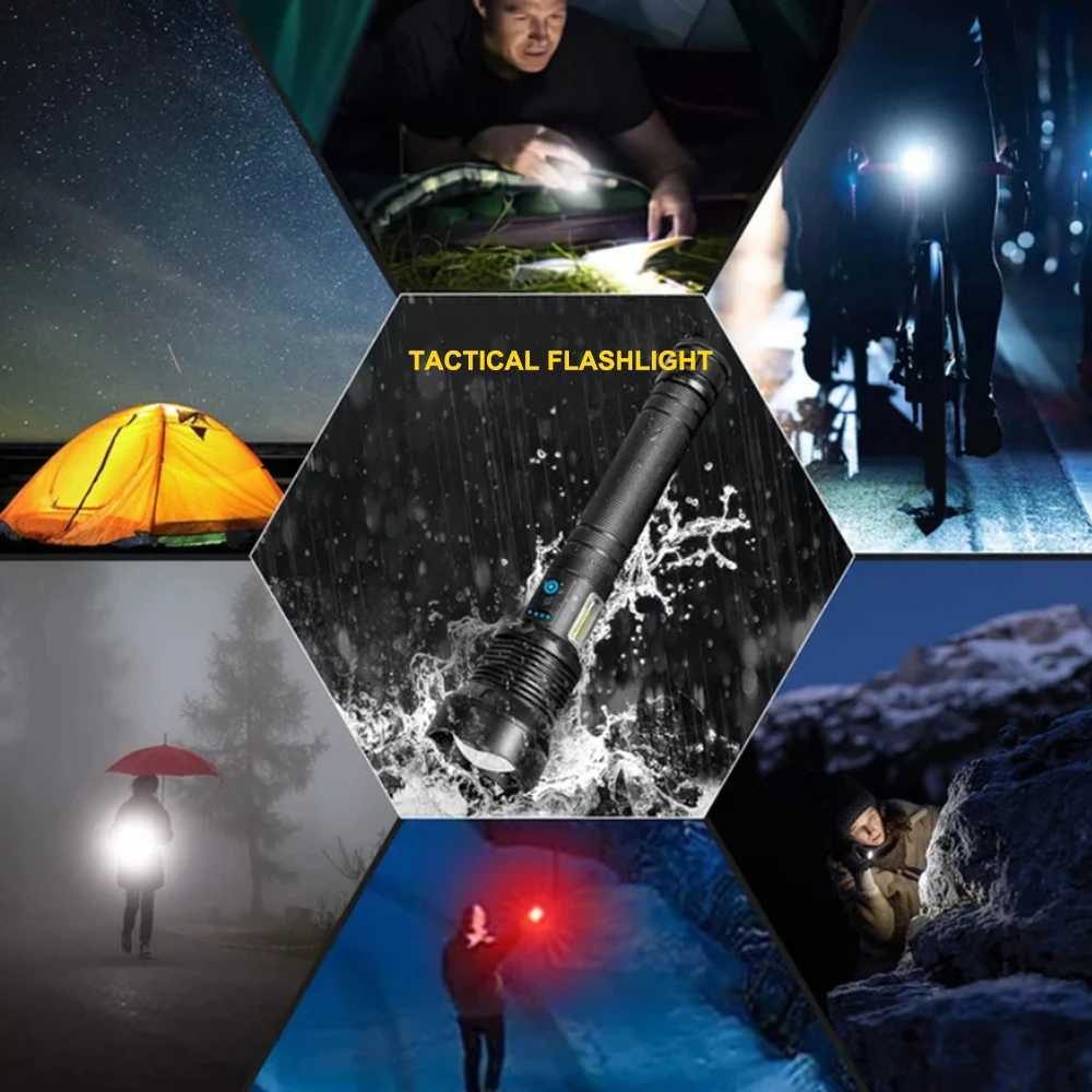 Rechargeable Super Bright Tactical Flashlight High Lumens Zoomable LED Flashlight With COB Side Light 7 Modes Floodlight Torch W250701