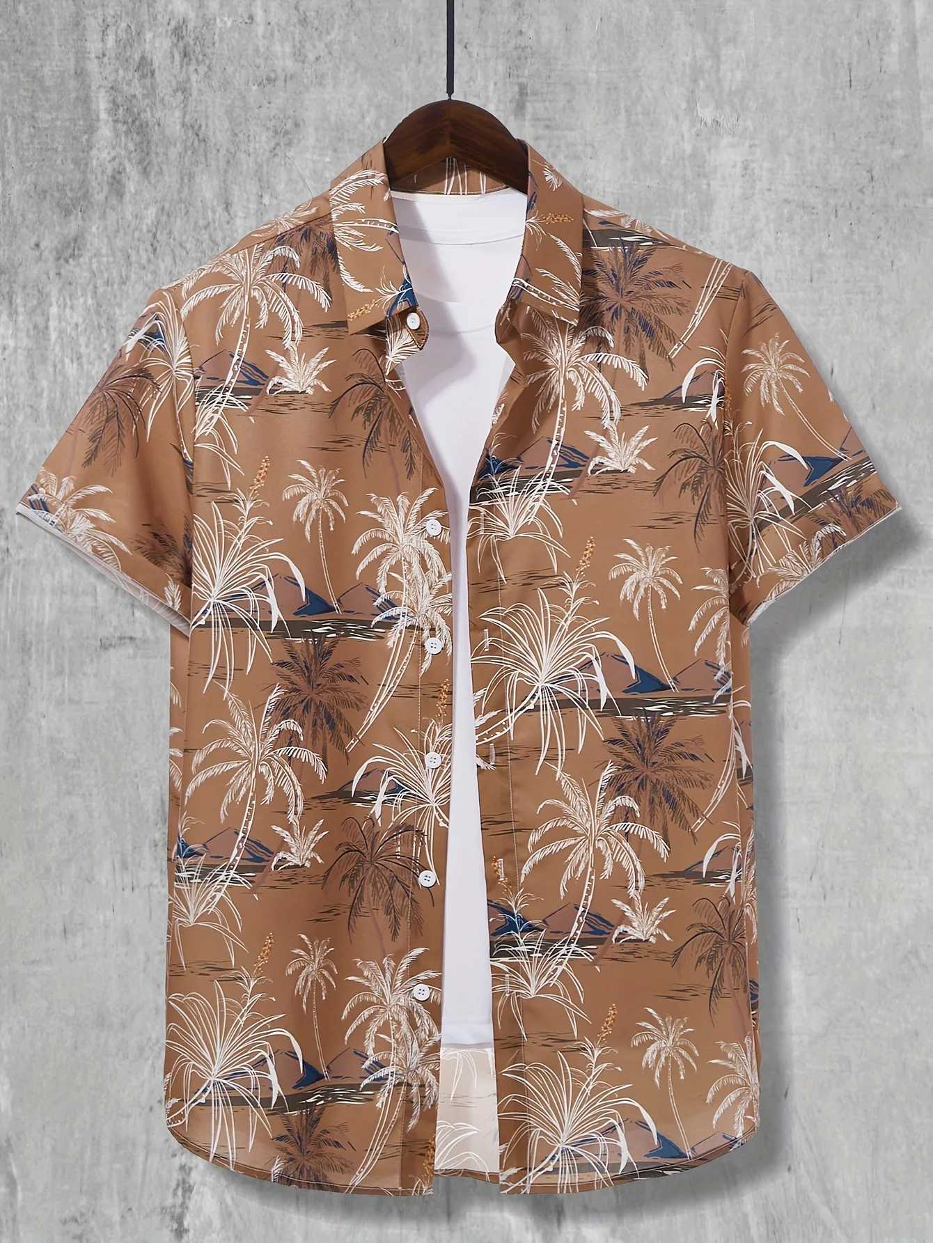 Coconut Palm Print Hawaiian Shirt Mens Casual Button Up Short Sleeve Shirt For Summer Beach Vacation Resort oversized clothing W250627