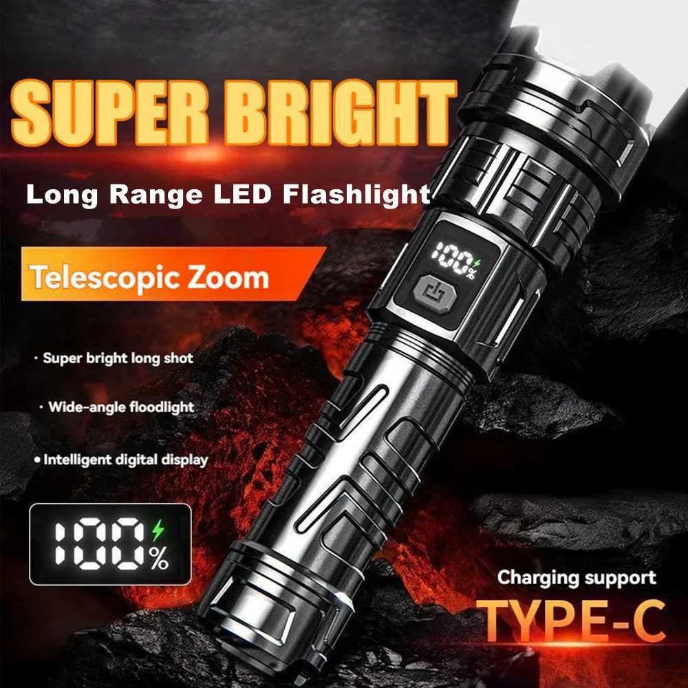 Super Bright Powerful Long Range LED Flashlight Tactical Torch Light Emergency Telescopic Zoom Lantern with Built-in Battery W250701