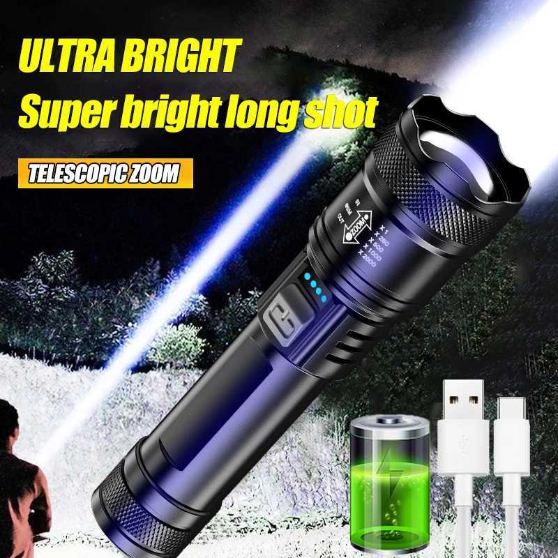 Powerful LED Flashlight Battery Display USB Rechargeable Light Telescopic Zoom Torch Lamp Outdoor Camping Fishing Lantern W250701