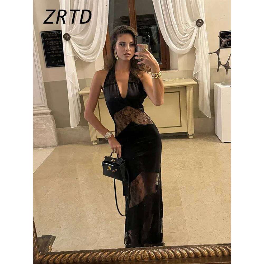 Designer Clothing 2025 Elegant Lace Spliced Halter Long Dress Women Sexy Backless See Through Female Party Dresses 2025 Summer Lady Chic Evening Gowns