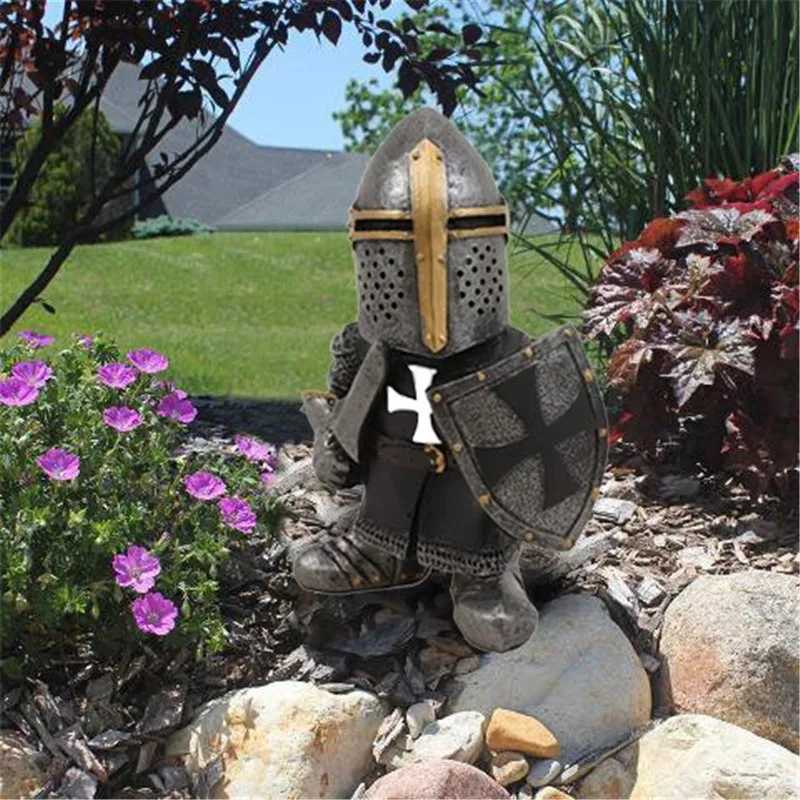 Knight Garden Statue Guard Cross Templar Dwarf Guard Armor Samurai Miniature European Knight Resin Garden Decoration X250627