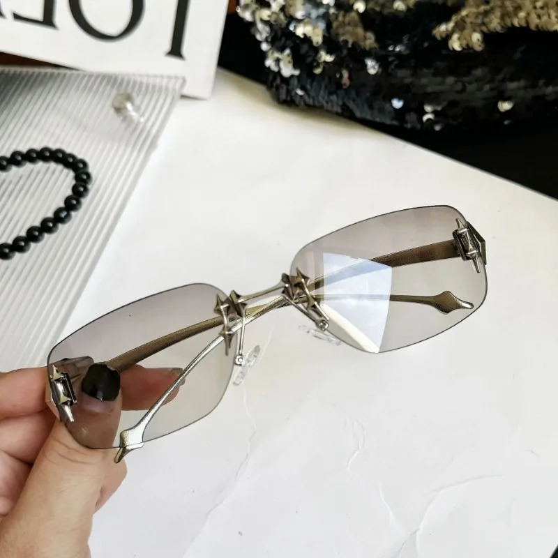 Y2K Vintage Rimless Square Sunglasses Women For Men Sun Glasses Punk Hip Hop Rivet Star Shades 250626