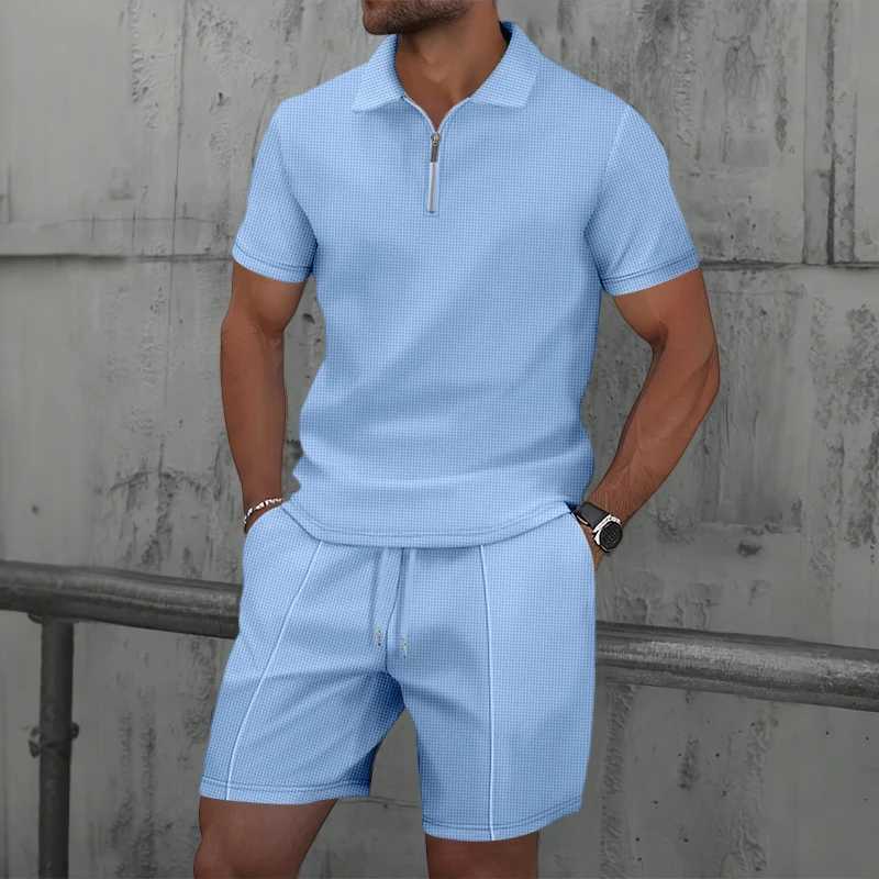 2025 New Summer Mens Short-sleeved Shorts Set Europe and the United States Waffle Solid Color Zip-up Lapel T-shirt Sweatshirt XJ250627