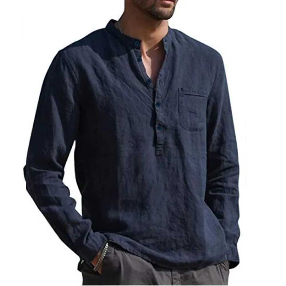 Cotton Linen Hot Sale Mens Shirt Long-Sleeved Solid Color Summer Stand-Up Collar Shirts Casual Beach Style Breathable Cozy Tops W250627