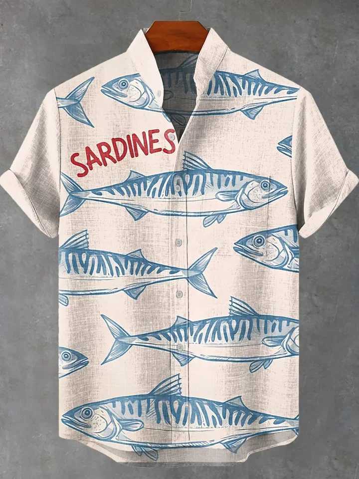 New vintage fish sardine art 3D printing casual fashion 100% linen mens stand collar short sleeve shirt W250627