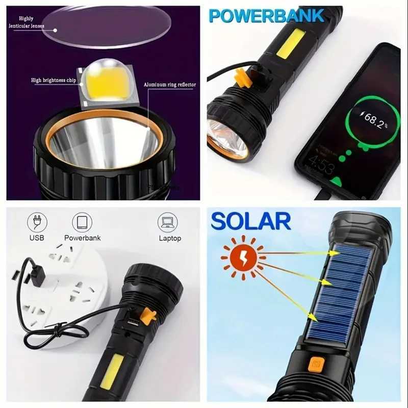 High Power LED Flashlight Solar And USB Rechargeable Powerful Tactical Torch Super Long Range Lamp Outdoor Camping W250701