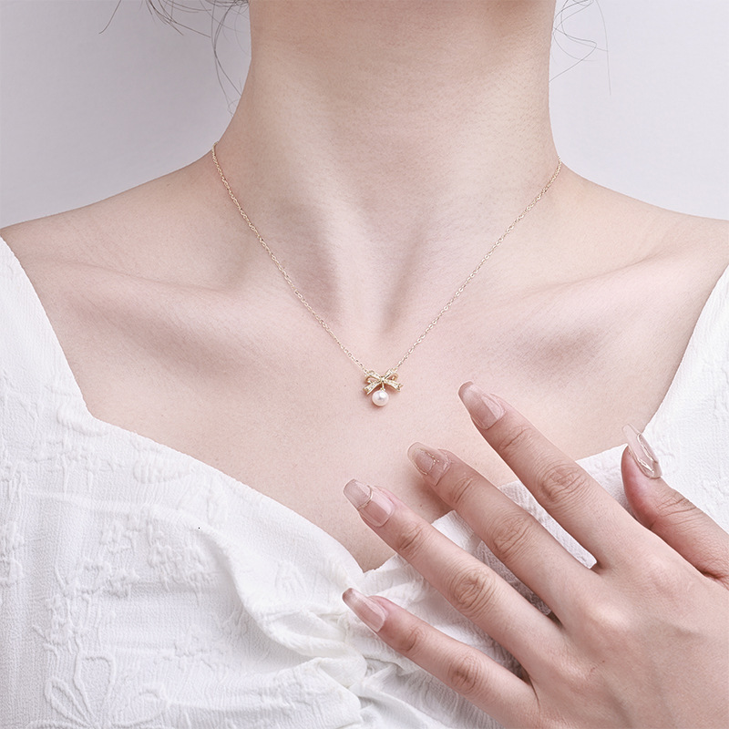Free Shipping Designer Necklace, Natural Freshwater Pearl Bow Necklace, Women's Fashion Micro-inlaid Zircon Tassel Collarbone Chain