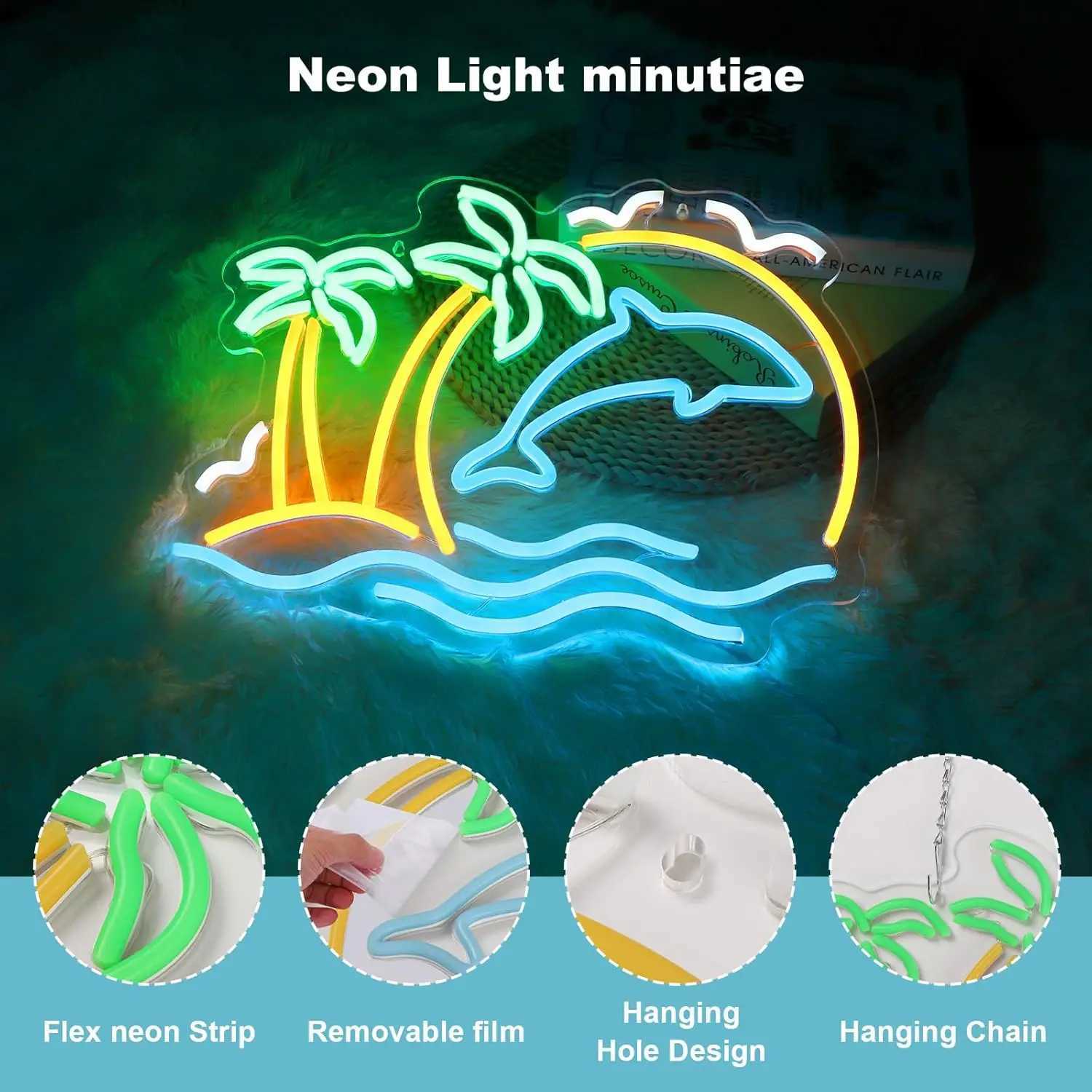 Coconut Tree Dolphin Neon Sign Wall Decor Tropical Hawaii Sun Waves Pineapple Hawaii Party Tiki Bar Beach Party BirthdayXJ250626