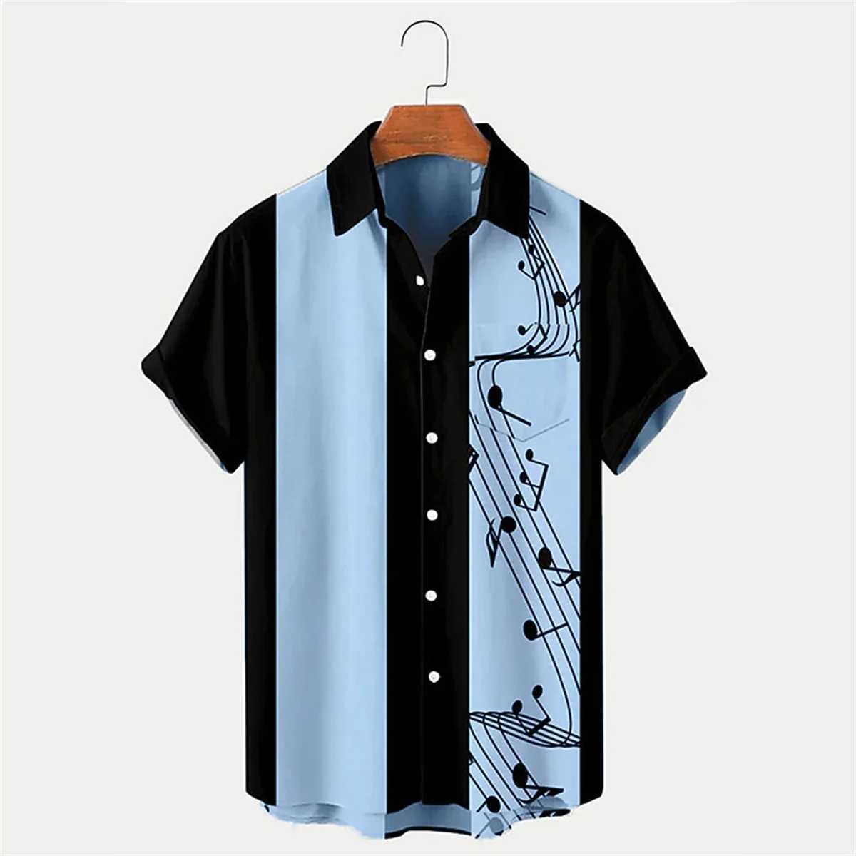 2024 New Mens Shirt Summer Bowling Shirt Note Pattern Printed Daily Short Sleeve Button Comfortable Casual Mens Clothing W250627