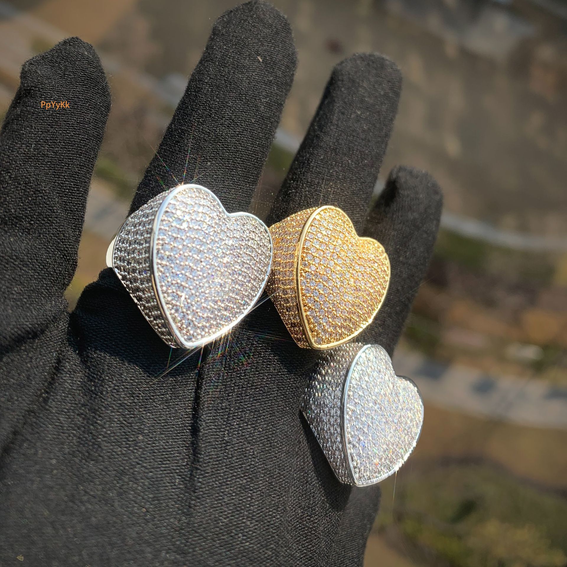 Tingjie Street Style Hip-Hop Ins Romantic Big Heart Ring Fashion Jewelry Accessories Pass the Diamond Tester