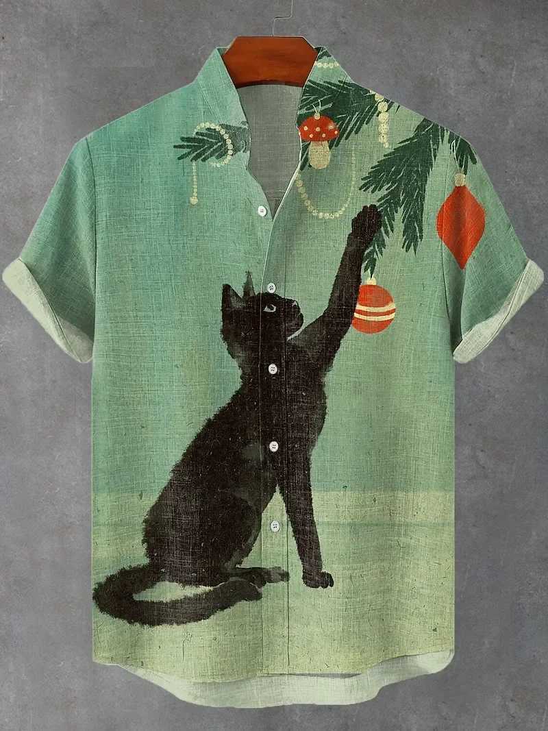 Summer Mens Retro Cartoon Anime Cat Theme Short Sleeve Shirt Short Sleeve Tops Fashion Casual Vacation Streetwear Mens Shirt W250627