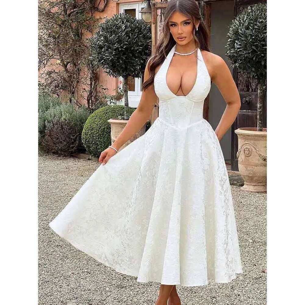 NIDANSSI White Jacquard Pleated Evening Party Women Robes Backless Elegant Sexy Bodycon Long Summer Dress Vestidos