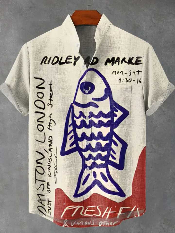 New vintage fish sardine art 3D printing casual fashion 100% linen mens stand collar short sleeve shirt W250627