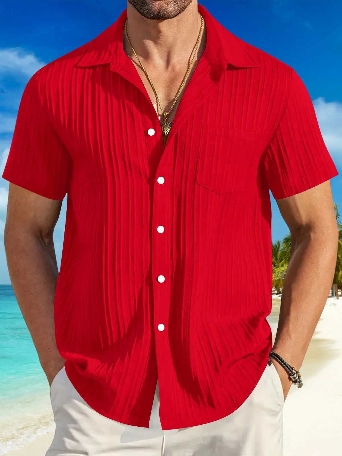 2024 Mens New Casual Fashion Striped Jacquard Pit Strip Lapel Chest Pocket Beach Outdoor Short-Sleeved Casual Shirt W250627