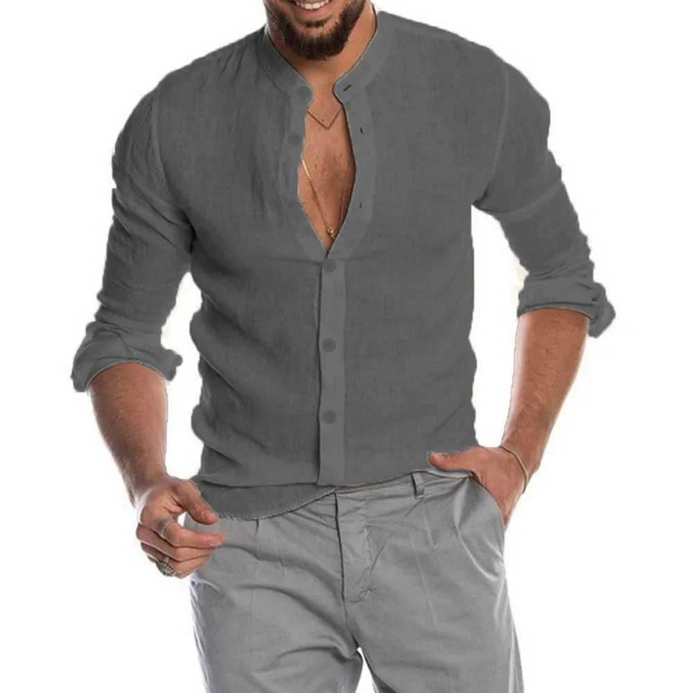 Hot Sale New Summer Solid Color Cotton Linen Mens Long-Sleeved Shirts Casual Stand-Up Collar Beach Style Breathable Male Top W250627