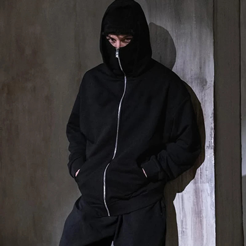 Full Zipper Retro Ninja Mask Jacket Coats Y2k Hip Hop Rock Men Oversized Punk Hoodie Winter Warm Long Sleeve Sweatshirt American 250624