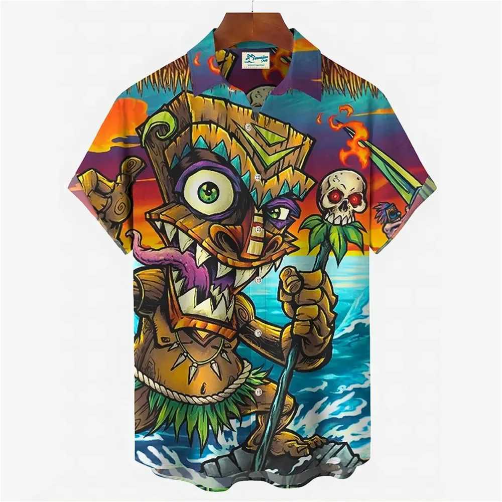 2024 Preppy Mens Shirts Streetwear Beach Male Top Short Sleeve Skull 3D Hawaiian Shirt Oversized Summer Casual Shirt For Men W250627