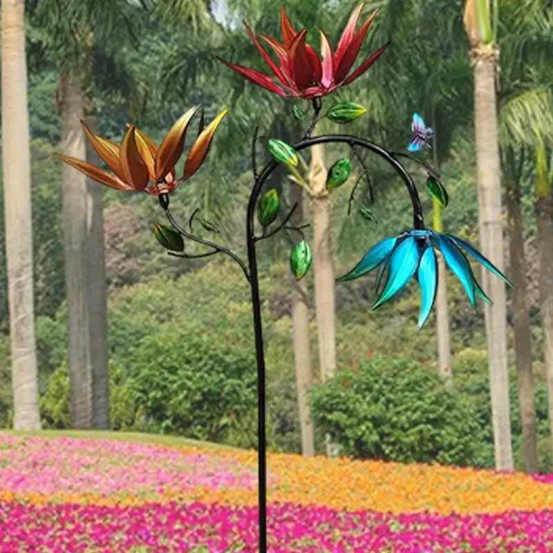 Large Metal Wind Spinner With Three Spinning Flowers Butterflies Windmill Wind Sculpture Outdoor Garden And Yard Art Decor X250627