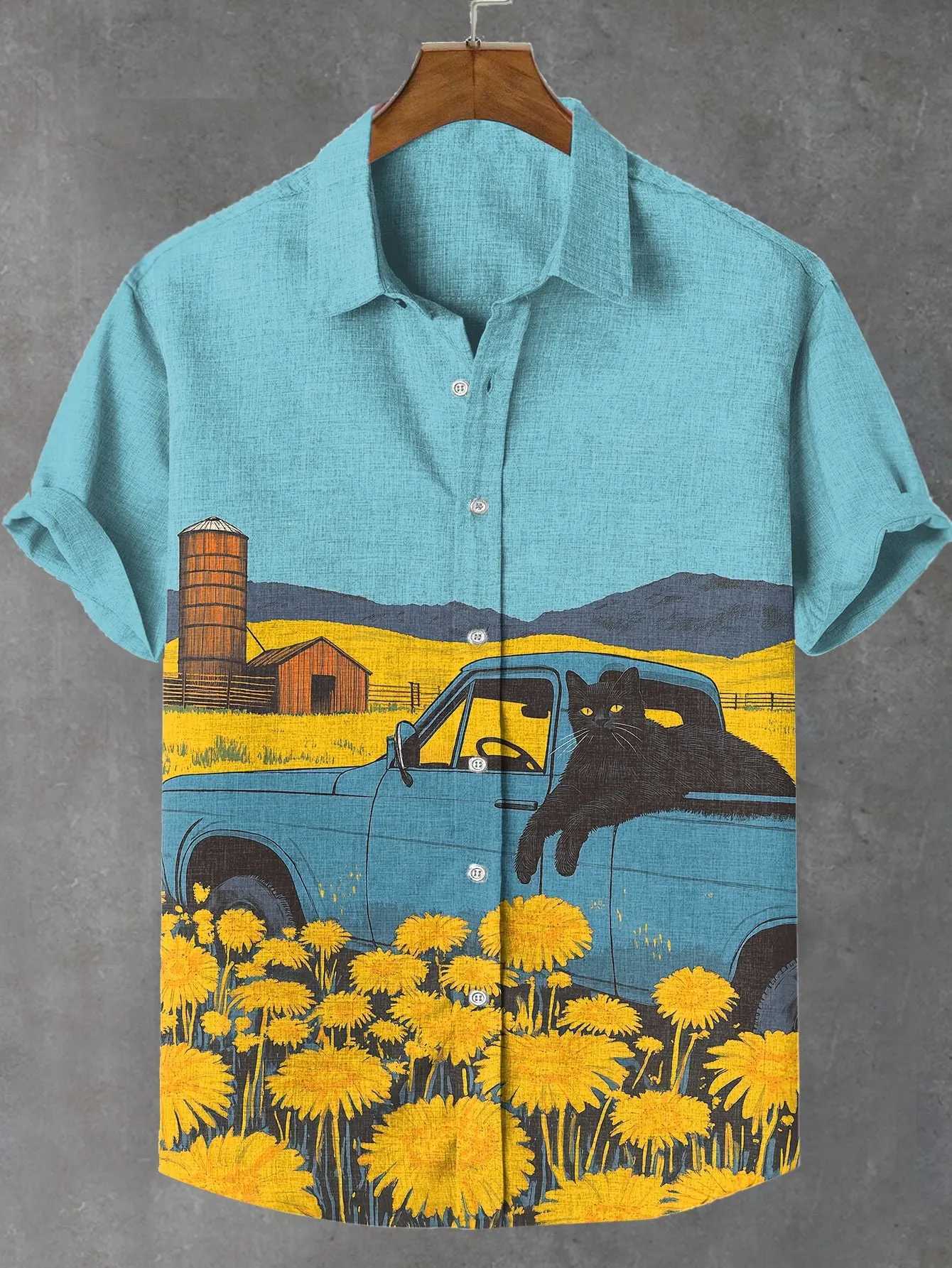 Mens Summer Japanese Style Art Cat Pattern Print Mens Retro Linen Short Sleeve Shirt Casual Simple Button Top Mens Shirt W250627