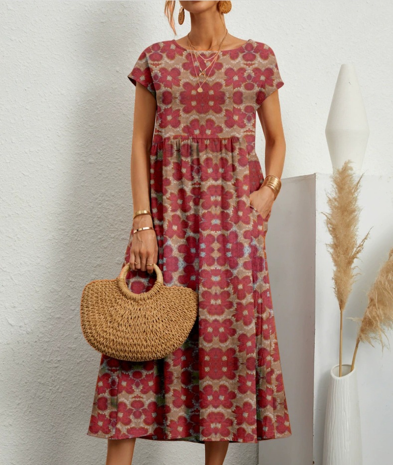 K6271European and American summer new loose round neck printed pocket dress for women