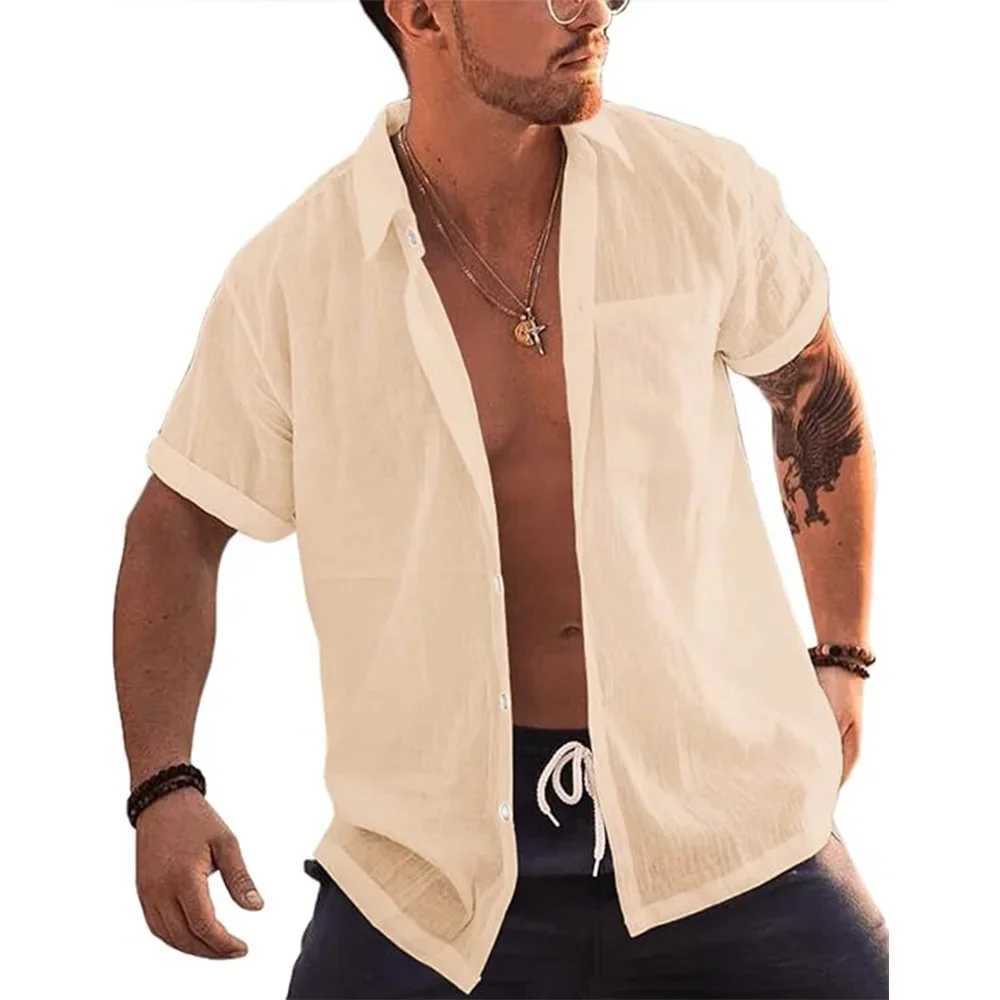 Mens Short Sleeve T-Shirts Button Up Shirts Linen Cotton Beach Tops Turn Down Collar Summer T Shirt with Pocket W250627