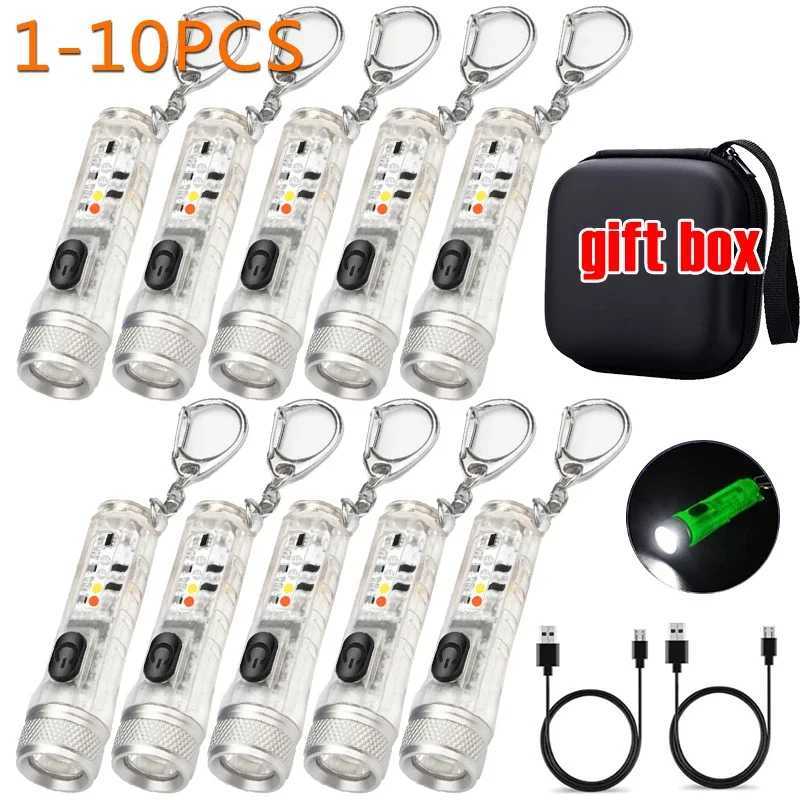 1-10PCS Fluorescent Flashlight Mini Keychain Light Rechargeable Multi-function Portable Magnetic Torch Lamp IP66 Warning Light W250701