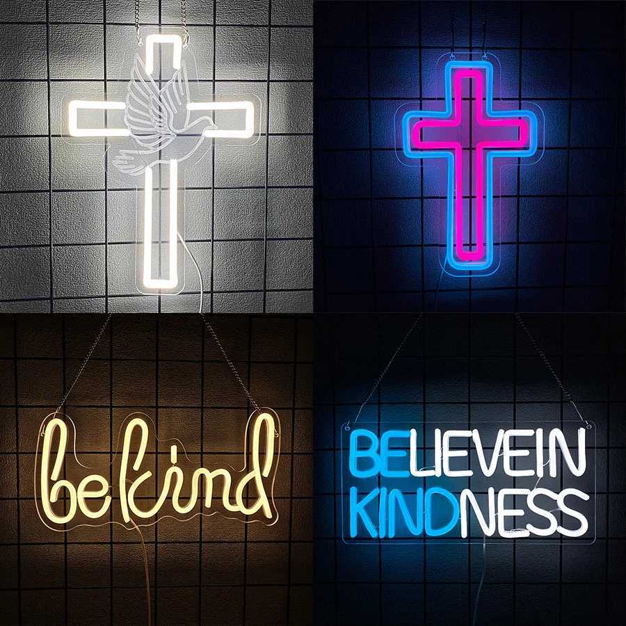 Believe in Kindness Neon Sign for Wall Decor Cross Led Neon Signs Light Up Sign Room Decor Be Kind Neon Lights Sign USB Powered XJ250626