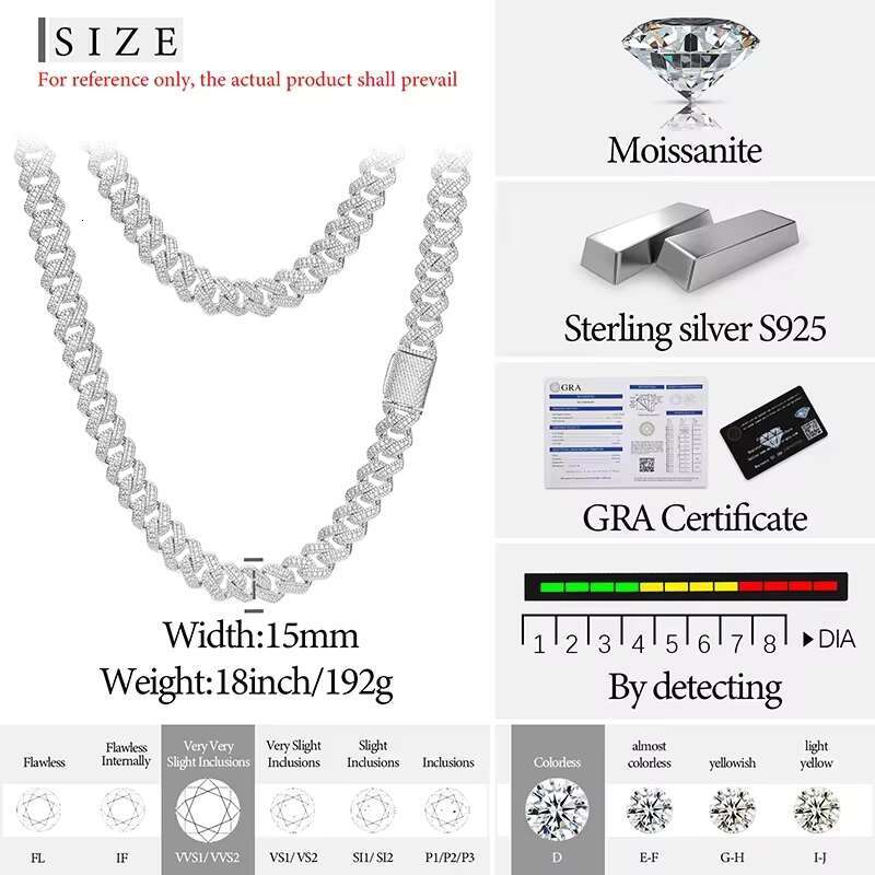 New 8-20mm S925 Sterling Silver Setting Cuban VVS Moissanite Link Miami Chain Necklace For Men Singer Style Rap Hip Hop Jewelry