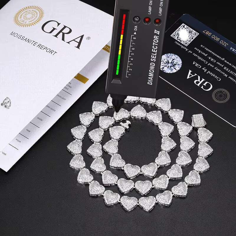 Valentine Day Gift High Quality Fashion 925 Silver 10mm Heart Shape Vvs Moissanite Diamond Blue CZ Heart Tennis Chain
