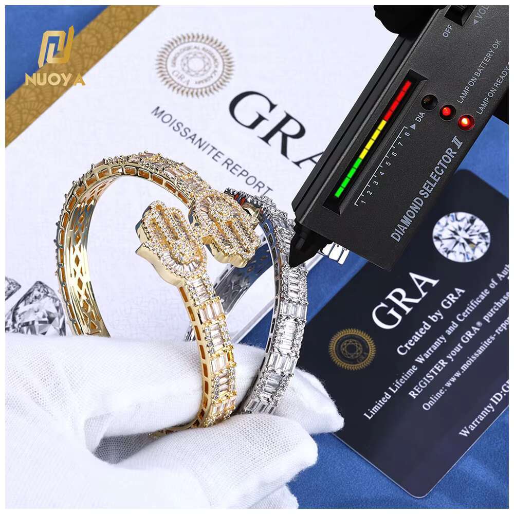 Luxury VVS D Color Moissanite Tennis Bracelet 925 Sterling Silver Baguette Cut Moissanite Adjustable Open Cuff Bracelet for Gift