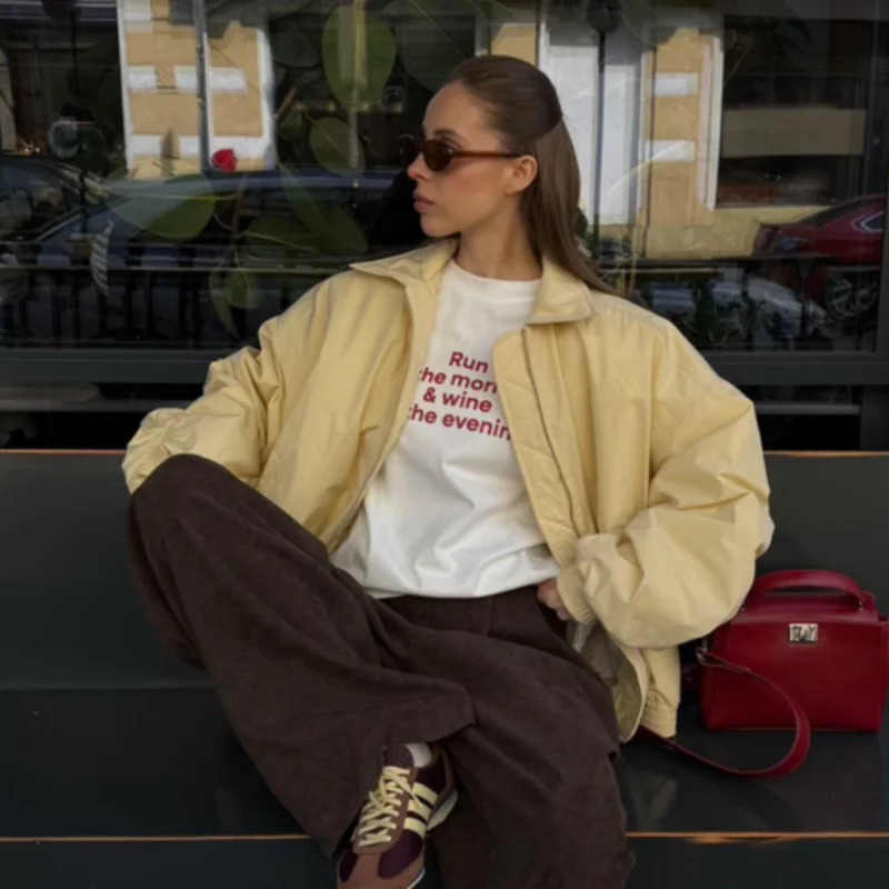 Fashion Trendy Oversized Goose Yellow Bomber Jacket Stylish Streetwear Flight Coat Loose Fit Casual jacket Versatile Coat 250627