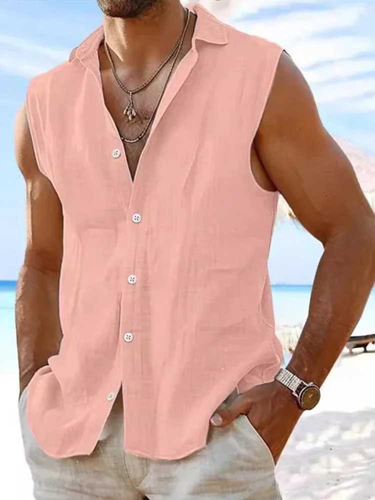 Casual Sleeveless Cotton Linen Shirts Men Vintage Turn-down Collar Buttoned Vest Shirt Summer Mens Fashion Solid Color Vest Tops W250627