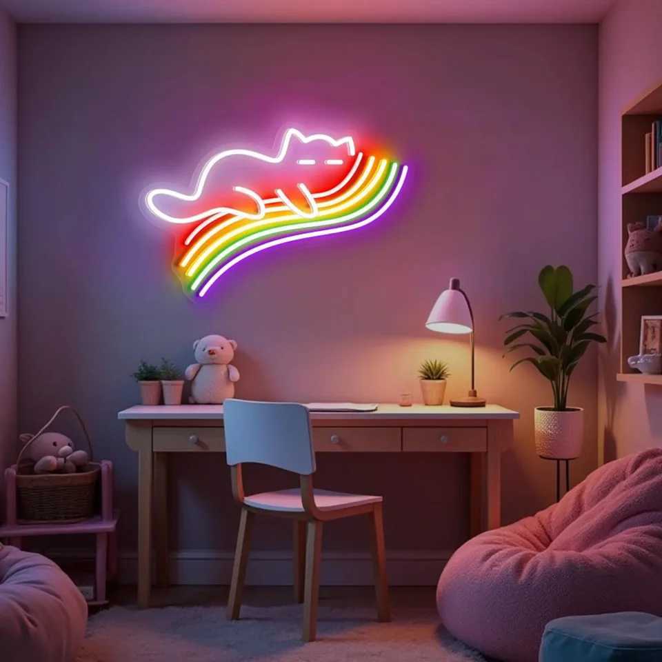 Cat Sleeping On Rainbow Neon Sign Rainbow Cat Neon Sign Cute Cat Lover Gift Aesthetic Wall Decor Kid Room Decor XJ250626