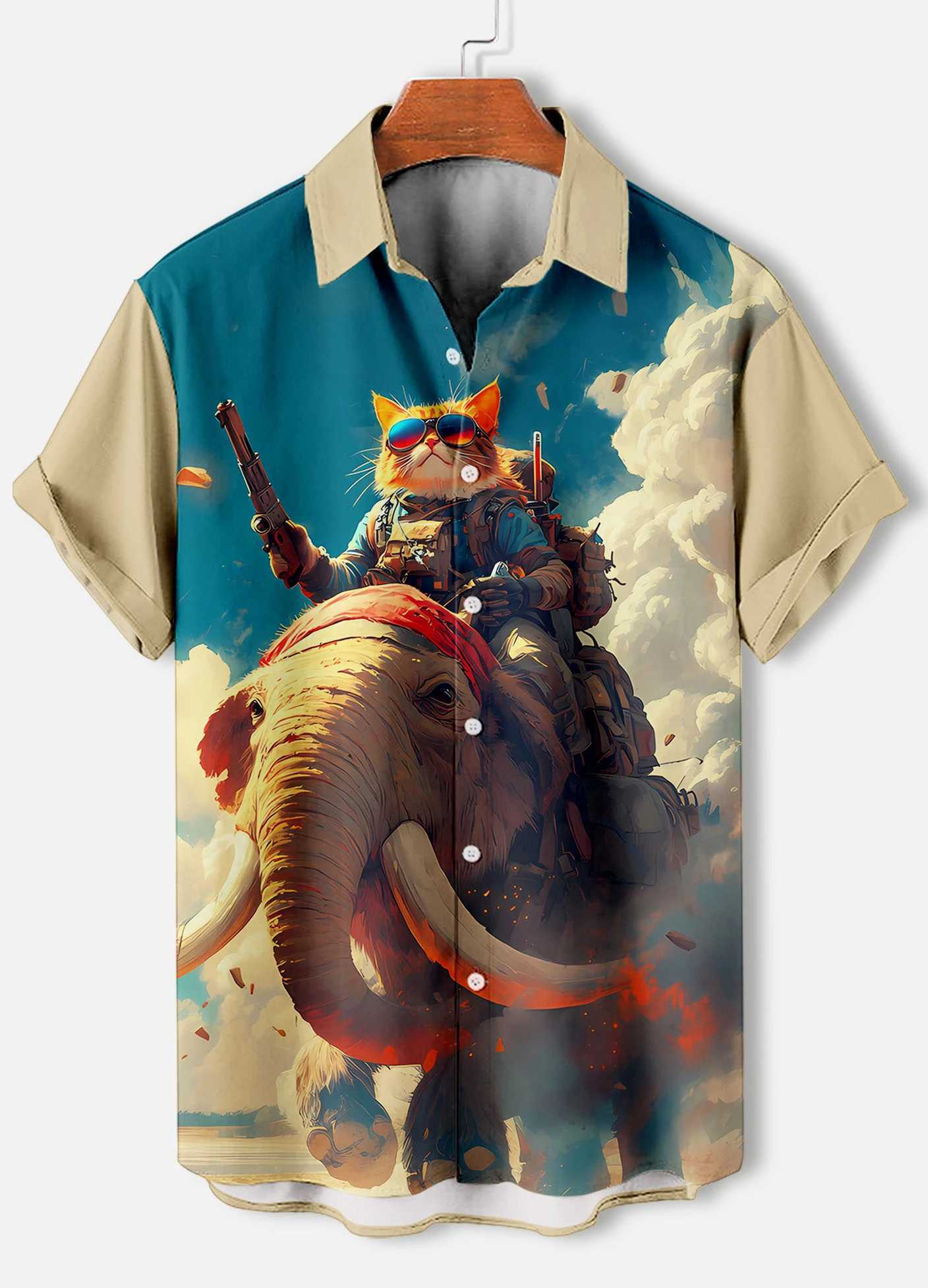 Mens Retro Cartoon Anime Cat Theme Short Sleeve Shirts Short Sleeve Tops Fashion Casual Vacation Streetwear Summer Mens Shirts W250627