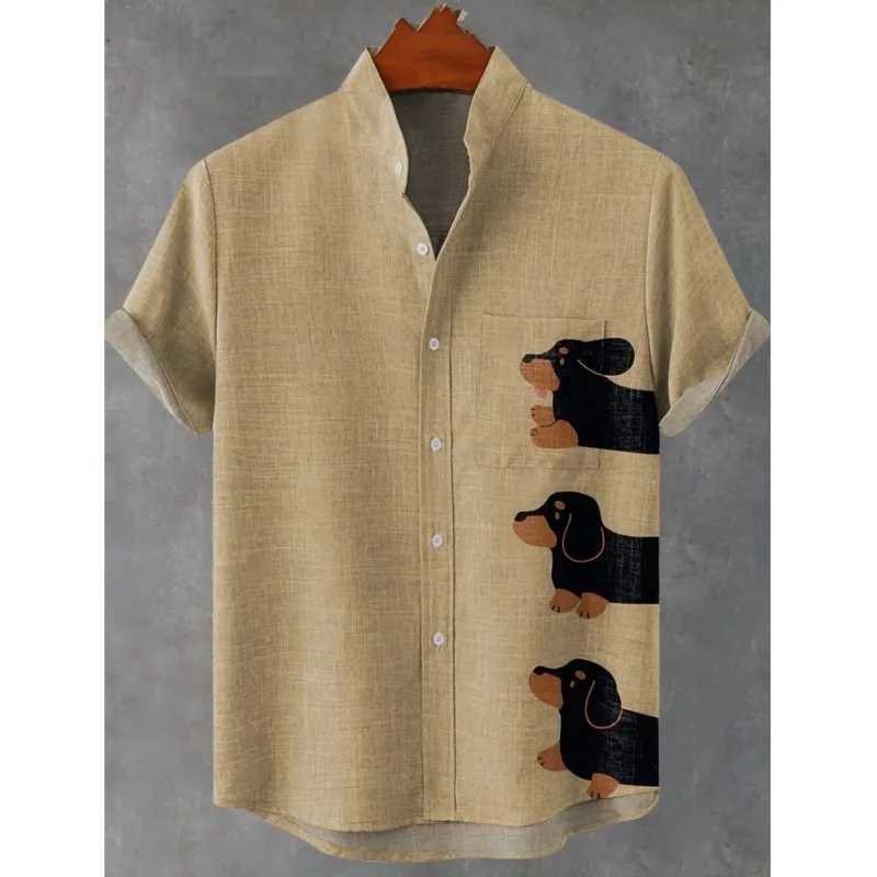 2025 Mens New Summer Cartoon Cute Dog Printed Pattern Comfortable Retro Exquisite Art Linen Shirt Casual Mens Button Top W250627