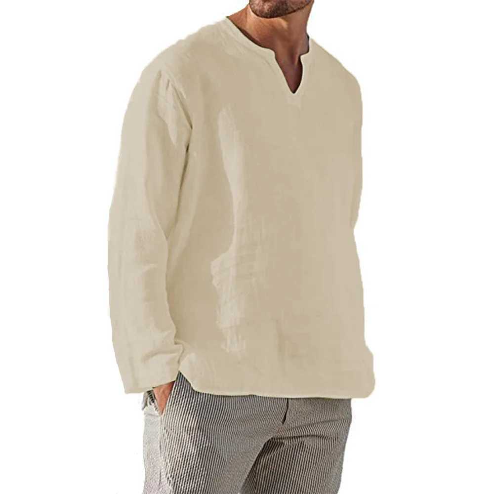 Mens Cotton Linen Shirt Cozy Solid Color Long Sleeve Breathable Tops V Neck Casual Blouse Hawaiian Shirt Lightweight Shirts W250627