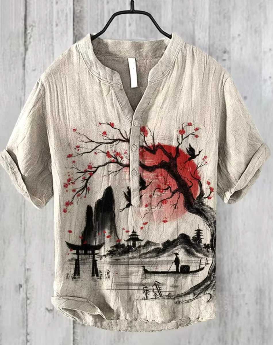 Spring and summer casual shirts for men and women plum blossom short-sleeved shirts Hawaiian style printed shirts mens tops W250627