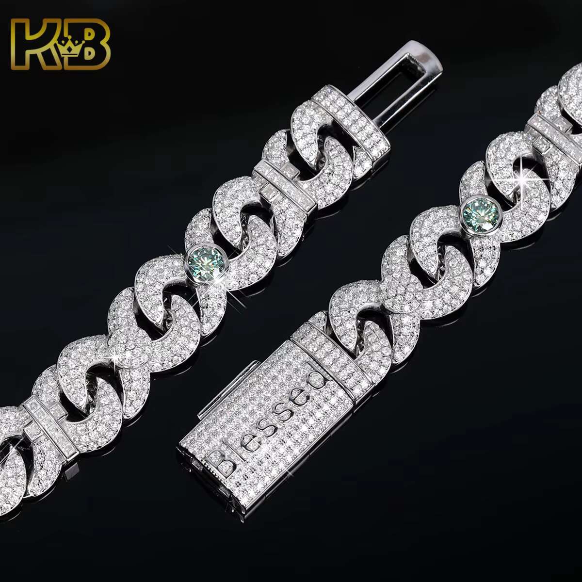 Luxury Iced Out VVS Moissanite Cuban Link Chain Necklace for Men 925 Sterling Silver Hip Hop Bling Jewelry with Green Gem Accent