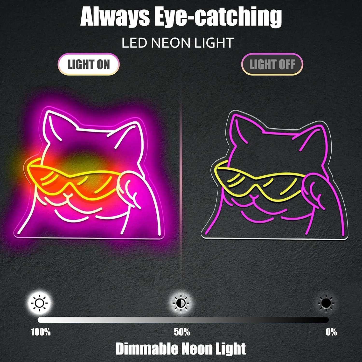 Sunglasses Cat Neon Sign Dimmable LED Light USB Power Supply Switch Suitable for Bar Bedroom Game Room Decoration Friends Gift XJ250626