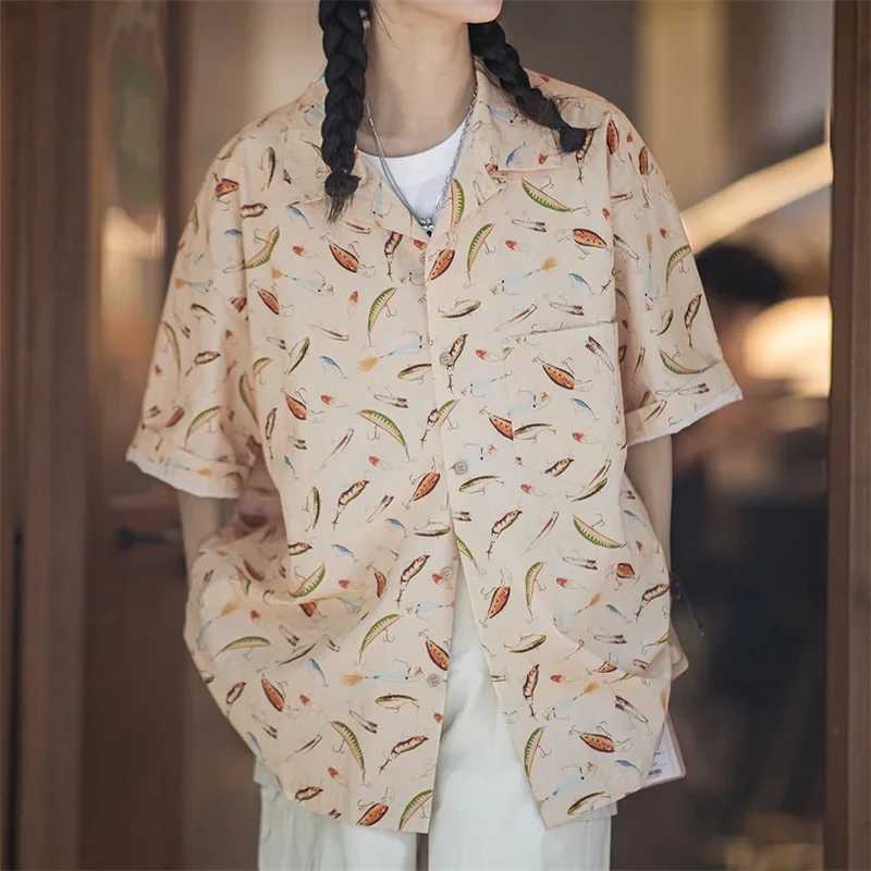 Maden Painted Short-sleeved Shirts Cotton Hawaiian Printed Half-sleeved Shirt for Men and Women Unisex Summer Loose Casual Tops W250627