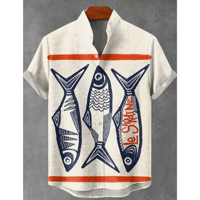 Men Summer Retro Fish Pattern Art Shirt Casual Linen Short Sleeve Fishing Enthusiast Clothing Beautiful Style Mens Shirts W250627