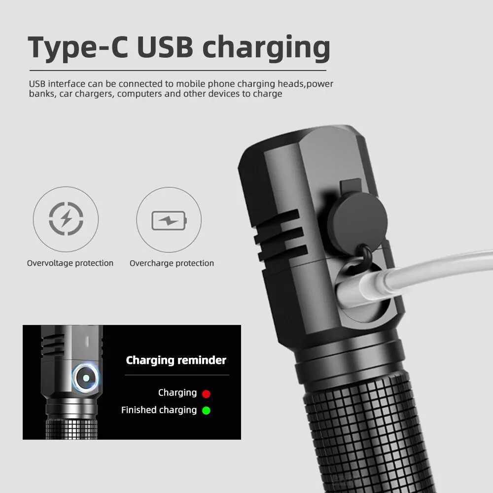 Mini Flashlight XHP50 LED USB C Rechargeable 16340 18650 Battery Flashlight 1500lm Powerful Torch Can Be Closed with One Click W250701