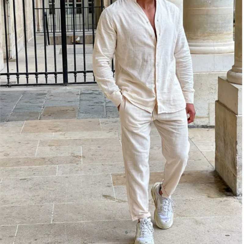 Mens Light Luxury Sports Cotton And Linen Stand Collar Long Sleeve Casual Shirt Fashionable Lace Up Pants Mens Casual Suit XJ250627